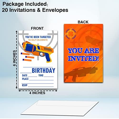 NYCTUG Dart Savaş Teması Doğum Günü Davetiyesi( 4 X 6), Blaster Silahı Hedefi Savaş Partisi Çift Taraflı Davetiyeler