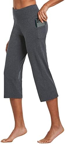 BALEAF Yoga Pantolon Kadınlar için Kapriler Yüksek Bel Tayt Cepler ile Geniş Bacak Egzersiz Egzersiz Kırpma Düz Açık