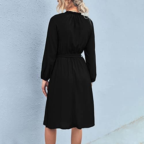 NOKMOPO Günlük Elbiseler Kadınlar için Sonbahar ve Kış Düz Renk Patchwork İpli Yuvarlak Boyun Uzun Kollu Elbise