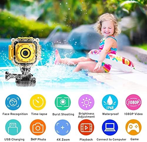 PROGRACE Çocuk Çocuk Su Geçirmez Kamera HD 1080 P Eylem Kamera (Sarı) paket ile 32 GB Hafıza Kartı Sınıf 10 TF Kart