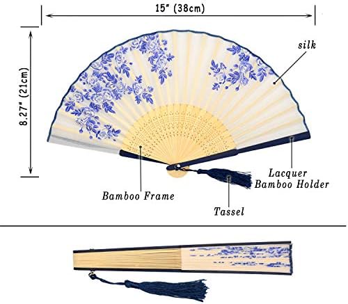 LeeHome Katlanır El Hayranları Kadınlar için-Çin Japon 2 adet Vintage Bambu ipek yelpazeler-dans, Müzik Festivali,düğün,