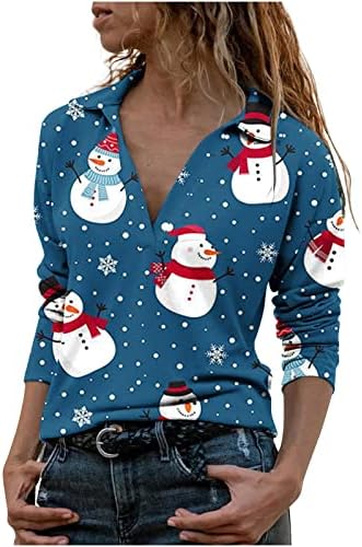 Bayan T Shirt Moda Noel Düğmesi V Boyun Gömlek Uzun Kollu Üstleri Kazak Noel Vintage Baskı Tunik Bluz Kadınlar için