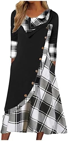 NOKMOPO Kadınlar ıçin Seksi Elbiseler Artı Boyutu Moda Ekose Dikiş Düğme Cepler Boyun Uzun Kollu Elbise