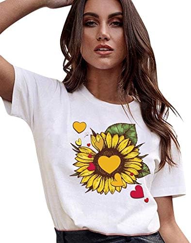 terbklf kadın Moda Ayçiçeği Grafik Tee Üstleri Kalp Baskılı Kısa Kollu T Shirt Kız Elbise Öğrenciler Güle Güle Tshirt
