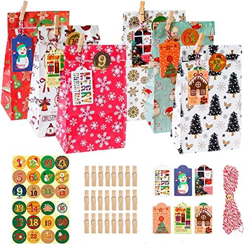 Saplı 24 Paket Küçük Noel tote çanta, Küçük hediye çantası, yeniden kullanılabilir Noel Kraft Kağıt torba Alışveriş
