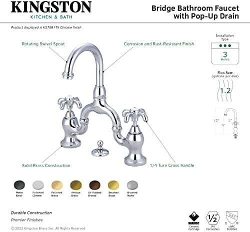Kingston Pirinç KS7990TX Fransız Ülke Köprüsü Banyo Bataryası Pirinç Açılır, Mat Siyah
