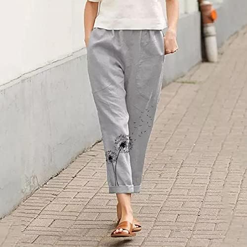 Bayan Pamuk Keten Pantolon, Sokak Moda Grafik Rahat Düz Bacak Palazzo Yoga Kapriler Yaz Moda Kırpılmış Pantolon