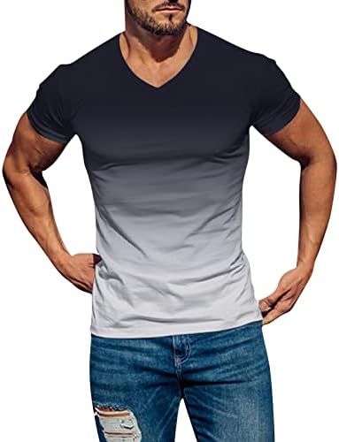 ZDDO Erkek Asker kısa kollu tişörtler, 2022 Yeni Yaz Degrade Patchwork Tee Üstleri, V Boyun Egzersiz Kas T Shirt