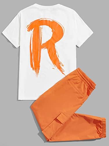 FDSUFDY İki Parçalı Kıyafetler Erkekler için Mektup Grafik Tee ve Yama Detay Toka Kargo Pantolon (Boyut: X-Large)