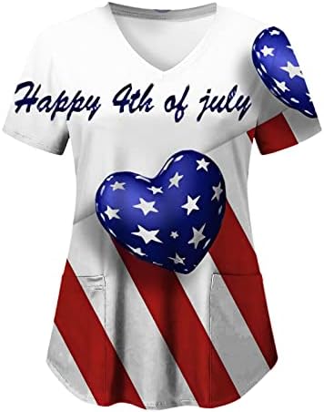 4th Temmuz Gömlek Kadınlar için Abd Bayrağı Yaz Kısa Kollu V Boyun Bluzlar 2 Cepler ile Komik Tatil Rahat İş Giysisi