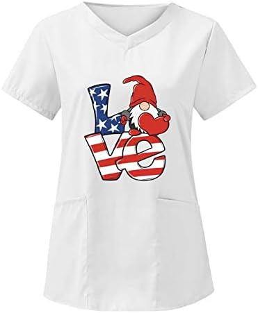 4th Temmuz Gömlek Kadınlar için Abd Bayrağı Yaz Kısa Kollu V Boyun Bluz Üst 2 Cepler ile Komik Tatil Rahat İş Giysisi