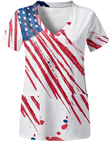 4th Temmuz Kadınlar için Üstleri Amerikan Bayrağı Yaz Kısa Kollu V Boyun T-Shirt 2 Cepli Komik Tatil Rahat İş Giysisi