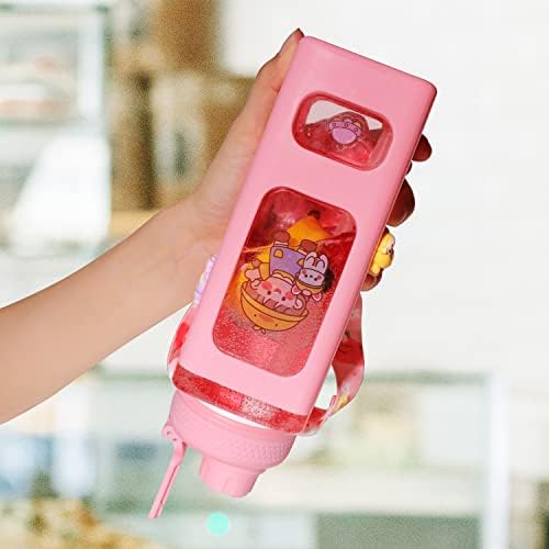 Pipetli Kızlar için Su Şişesi, Sevimli Su Kaçağı Şişesi Beş Sevimli Çıkartma ve 3D Çıkartmalı 700ml Pembe ve Sevimli