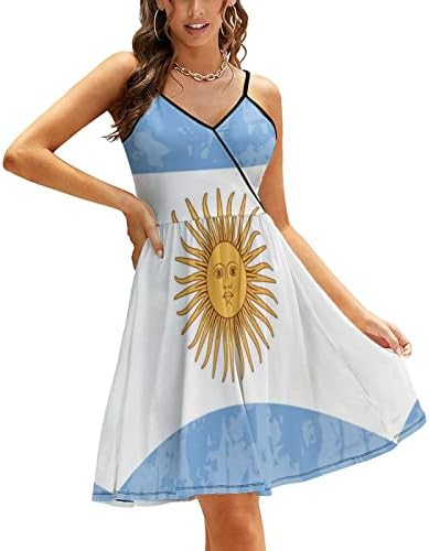 Retro Arjantin Bayrağı kadın Rahat yaz elbisesi Spagetti Kayışı Midi Elbise Kolsuz V Yaka Plaj Elbiseleri