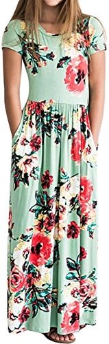 YIJODM Kızlar Çiçek Maxi Elbise, Çiçek Baskılı Kısa Kollu Elbise Cepler ile Yaz uzun tatil elbisesi