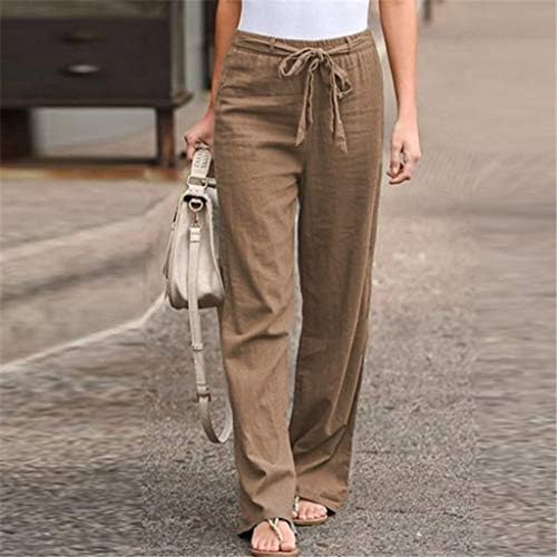 Bayan Pamuk Keten Pantolon İpli Elastik Yüksek Bel Artı Boyutu dinlenme pantolonu Geniş Bacak Gevşek Fit Katı Yaz