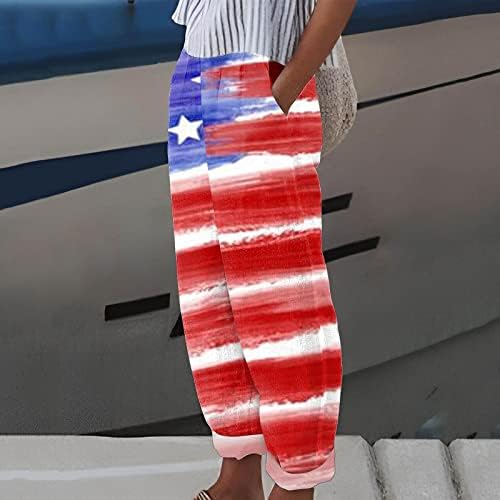 Keten Pantolon Kadınlar için ABD 4th Temmuz Gevşek Uydurma Konik Pantolon Elastik Bel Düz Bacak Plaj Kırpılmış cepli