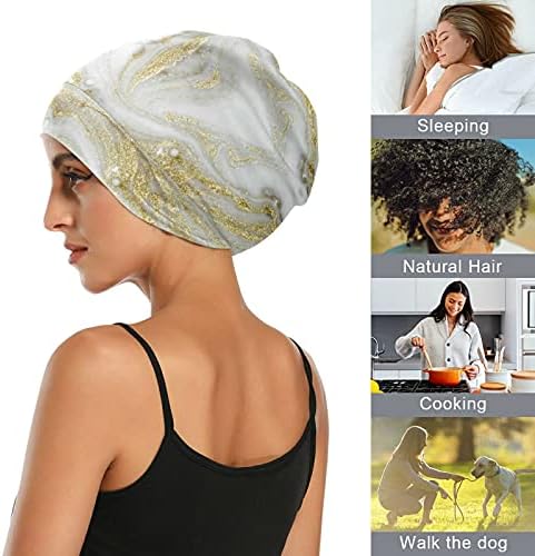 Kafatası Kap Uyku Kap Çalışma Şapka Bonnet Beanies Kadınlar için Mermer Taş Çizgili Vintage Soyut Altın Beyaz Uyku
