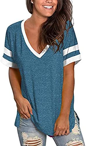 Kadın Kısa Kollu V Boyun Gömlek Gevşek Casual Tee T-shirt Yan Bölünmüş Tunik Üstleri Rahat Gevşek Fit Gömlek Tee