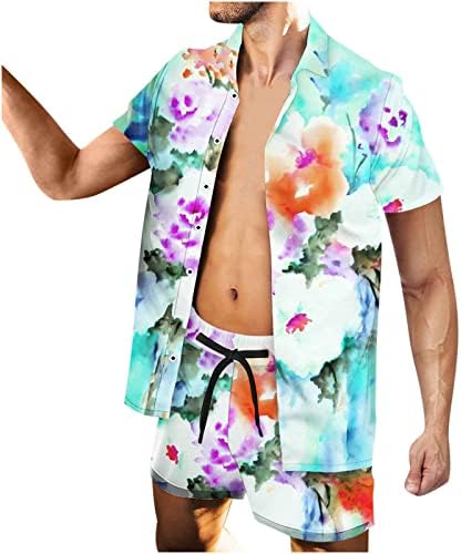 Erkek Çiçek Düğme Aşağı Gömlek Hawaiian Setleri Rahat Kısa Kollu Gömlek ve Şort Takım Elbise 2 Parça Plaj Kıyafetleri
