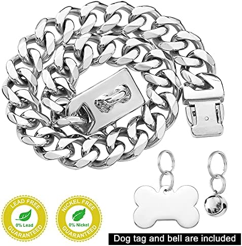 RİLPET Köpek Zinciri Yaka Yürüyüş Tasarımı ile Metal Zincir Yaka Güvenli Toka ve Köpek Kimliği Etiketi ve Çan Yüksek