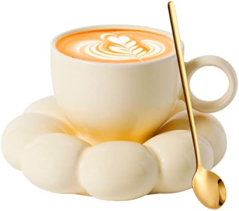 Ayçiçeği Coaster ile ARİSKEY Seramik Kahve Kupa - Fincan Tabağı ve Kaşık ile Yenilik Kahve Kupa Seti-Latte Süt ve