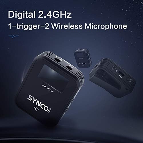 SYNCO G2 (A2) 2.4 GHz-Kablosuz-Yaka-Mikrofon-Sistemi TFT Ekran ile 1 Alıcı,2 Verici/2 Harici Lav-Mic, Düşük Kesim