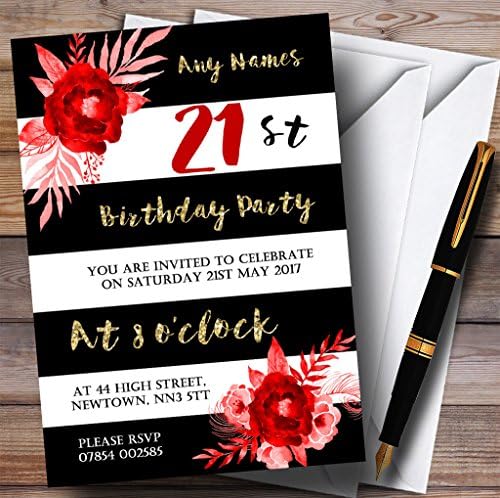 Siyah Beyaz Çizgili Altın Kırmızı Çiçek 21 Kişiselleştirilmiş Doğum Günü Partisi Davetiyeleri