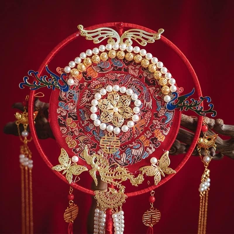 ZSQHD Kırmızı Gelin Fan Buketleri Klasik Çin El Yapımı Püskül Yuvarlak El Fan Düğün Aksesuarları (Renk: A)